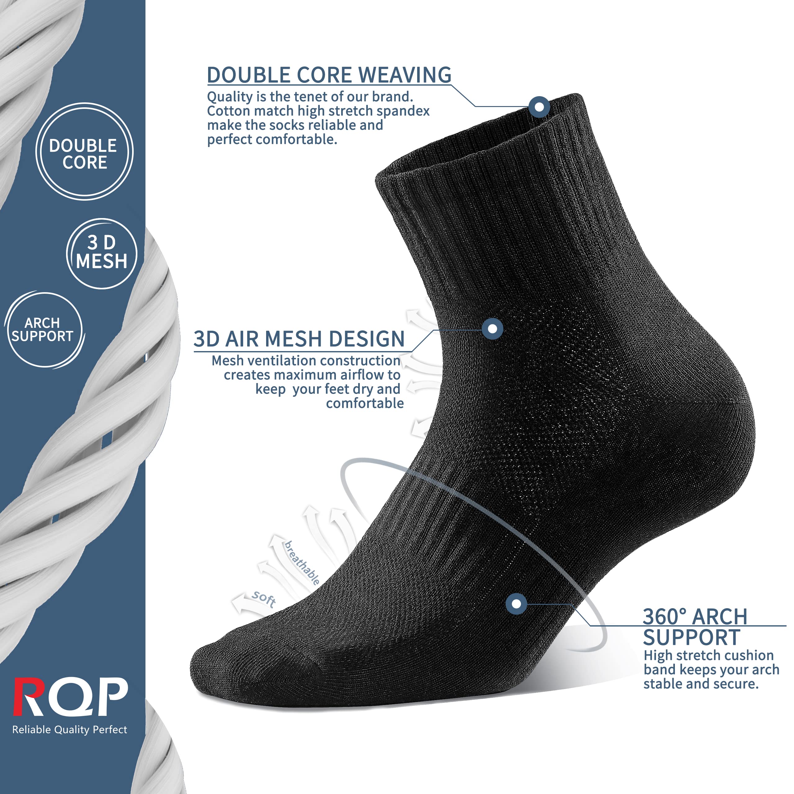 RQP Mens Cotton Athletic Socks Size 9-12 8 Pack Non Odor Quarter Length Knit Cushioned Liner Sox Breathable Moisture Wicking,Black