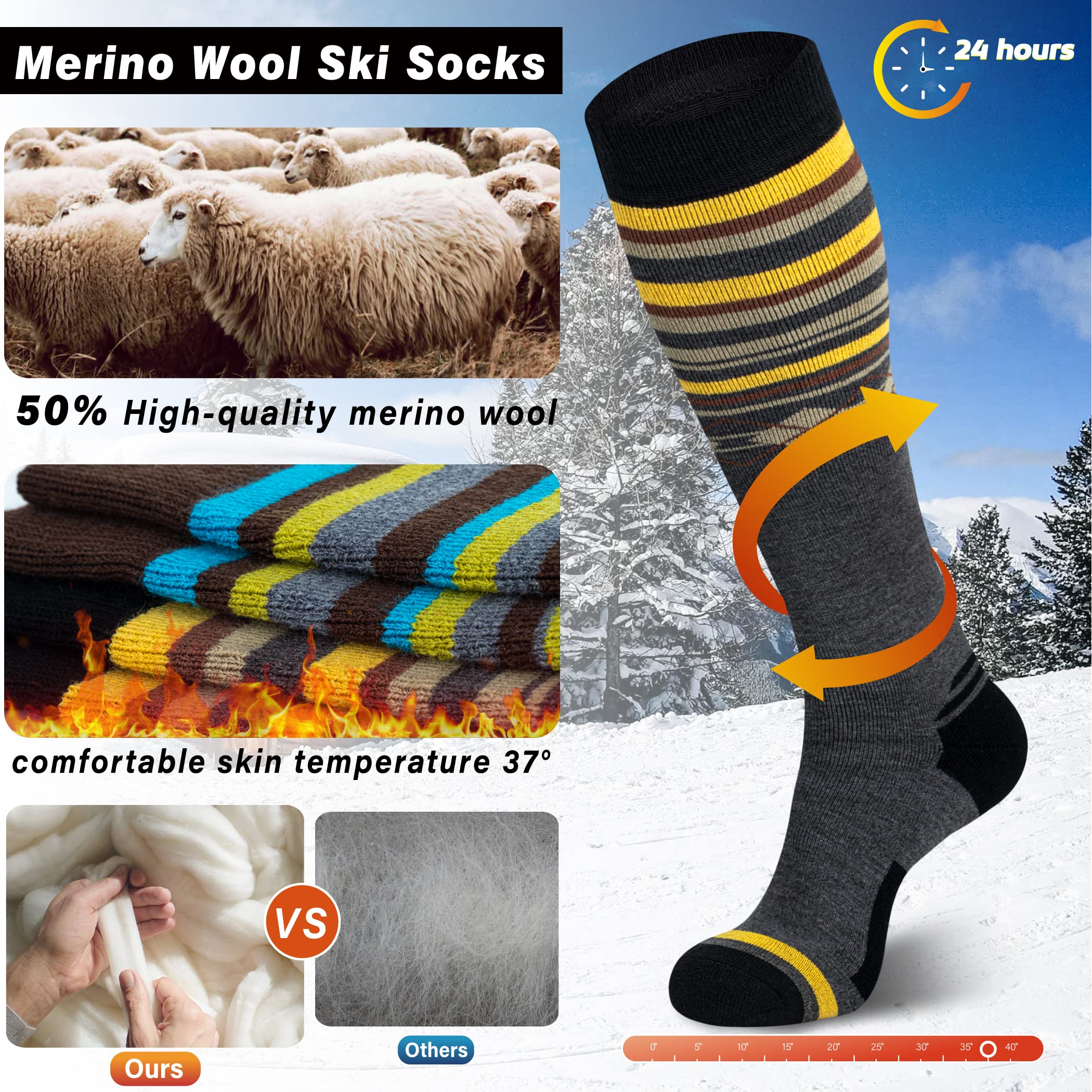 Ski Socks 50% Merino Wool Thermal Knee High Winter Snowboard Sport Socks Men Women