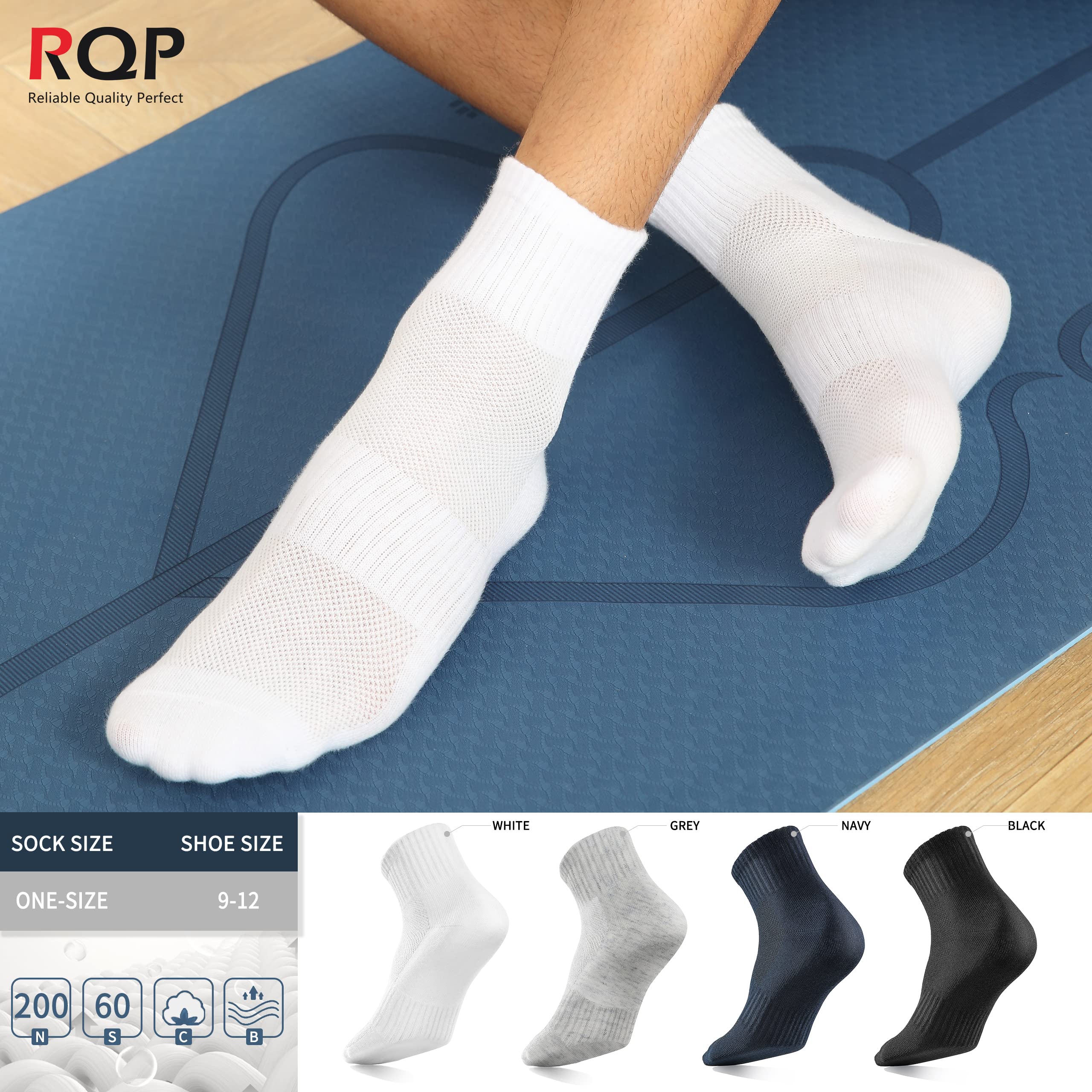 RQP Mens Cotton Athletic Socks Size 9-12 8 Pack Non Odor Quarter Length Knit Cushioned Liner Sox Breathable Moisture Wicking,Black