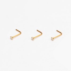 FANSING 3pcs 22g 1.5mm Clear CZ Nose Rings 22 Gauge Nose Studs L Shape Nose Rings Studs for Women Gold Plated Surgical Steel Nostril Piercing Jewelry