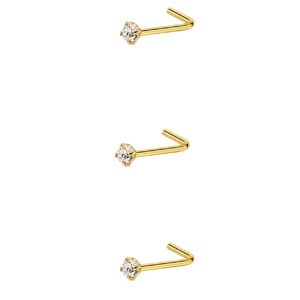 FANSING 3pcs 22g 1.5mm Clear CZ Nose Rings 22 Gauge Nose Studs L Shape Nose Rings Studs for Women Gold Plated Surgical Steel Nostril Piercing Jewelry