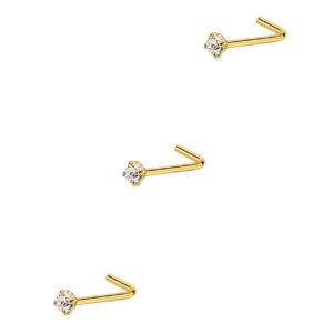 FANSING 3pcs 22g 1.5mm Clear CZ Nose Rings 22 Gauge Nose Studs L Shape Nose Rings Studs for Women Gold Plated Surgical Steel Nostril Piercing Jewelry