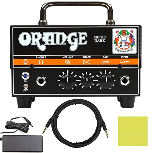 Orange Amp MD20 Micro Dark 20-Watt Mini Guitar Amplifier Head Bundle with Pig Hog Woven Instrument Cable 10ft, Power Supply, and Liquid Audio Polishing Cloth - Micro Guitar Amplifier