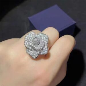 Elegant Camellia Open Statement Rings for Women Girls Dainty Rhinestone CZ Crystal Engagement Promise Rings Wedding Band Wrap Finger Bands Xmas Jewelry Gifts BFF