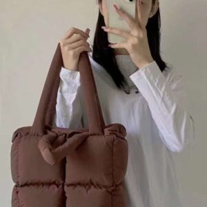 Puffer Tote Bag Women's Glossy Quilted Zipper Closure Puffy Tote Bag Down Padded Shoulder Bag Cute Handbag Aesthetic Handbag (Z-Brown)