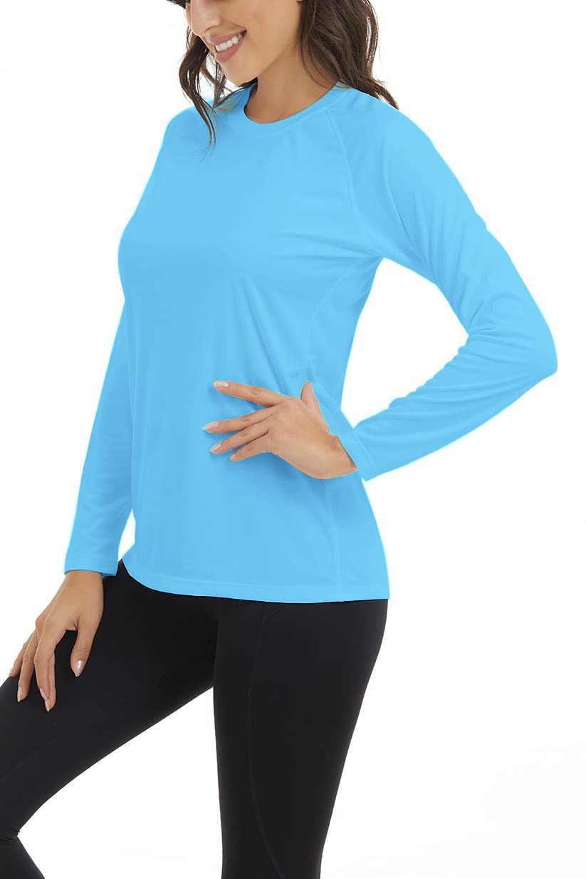 KINGFEN Women UPF 50+ Sun Protection Clothing Cozy Pastel Pullover Loose Long Sleeve Workout Tops for Women Uv Protection Outdoor Activities Shirt Running Shirts Women Ice Blue Medium