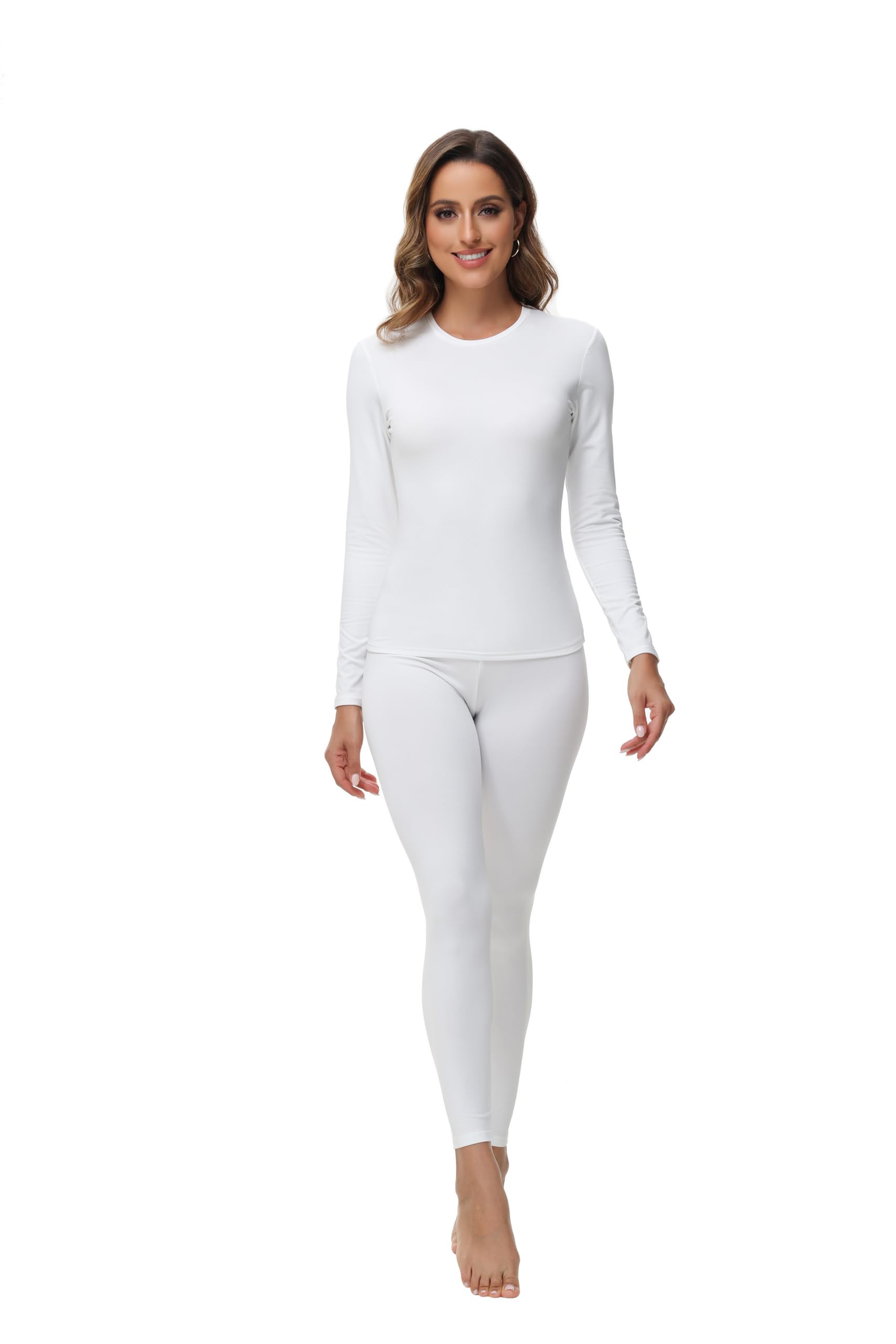 Womens Thermal Tops Long Sleeve Crew Neck Shirts Women's Ultra Warm Underwear for Cold Weather White-S