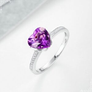 Dsnyu 18K 750 White Gold Promise Rings for Her, Silver Women's Rings Jewelry, Heart Shape 1.68ct Amethyst Ring Natural Fine Jewelry Gifts for Her Size 8