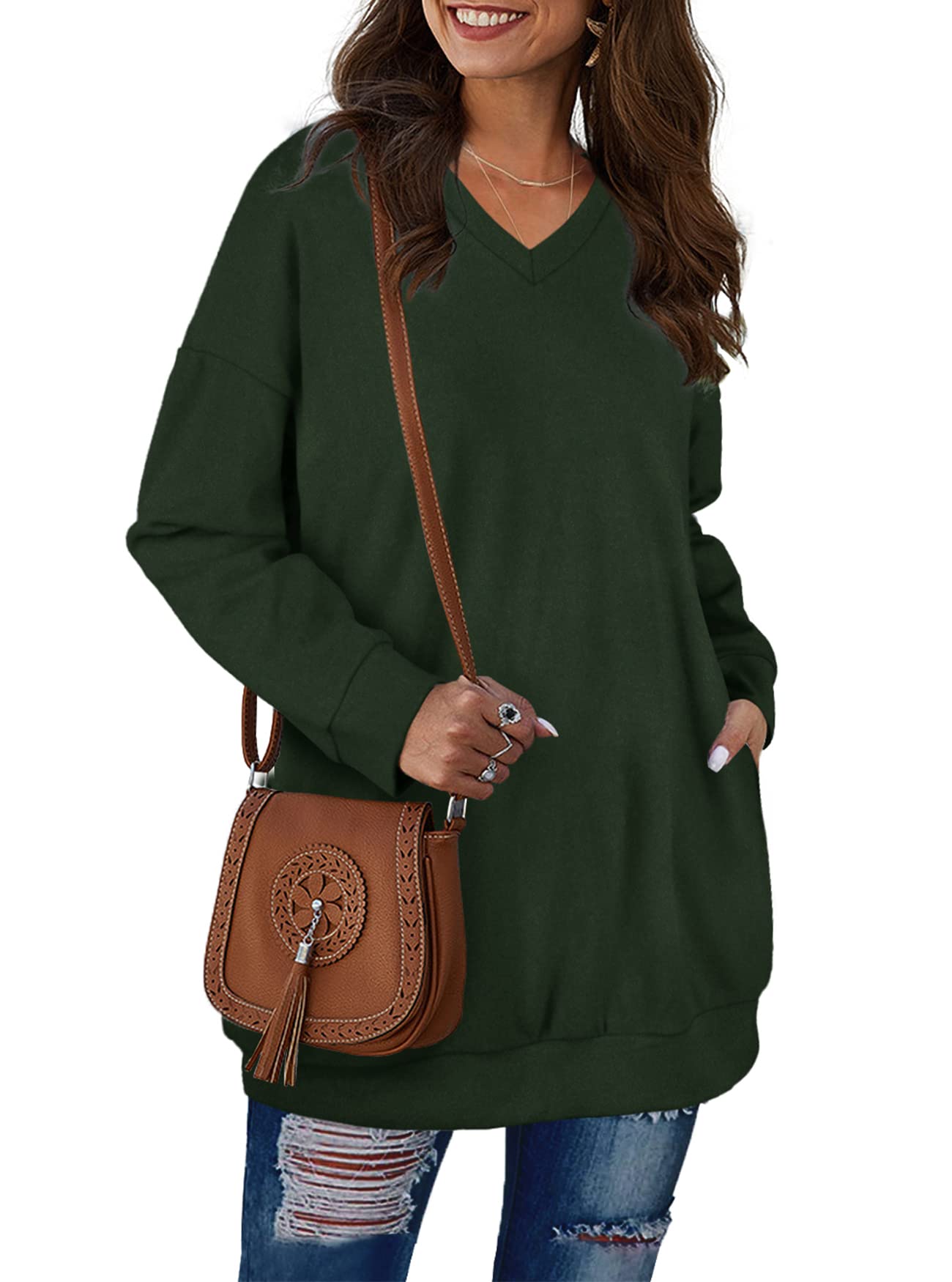 OFEEFAN Sweatshirts for Women Plus Size Long Sleeve Thermal Green Tunic Tops 3XL