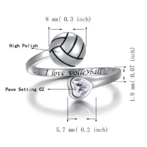 925 Sterling Silver Volleyball Ring Adjustable I Love Volleyball Jewelry Gift for Women Player (style 1)