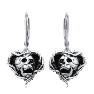 VONALA Skull Earrings 925 Sterling Silver Skeleton Dangle Dangling Drop Charm Leverback Earrings Gothic Punk Jewelry Halloween Gifts for Women Men