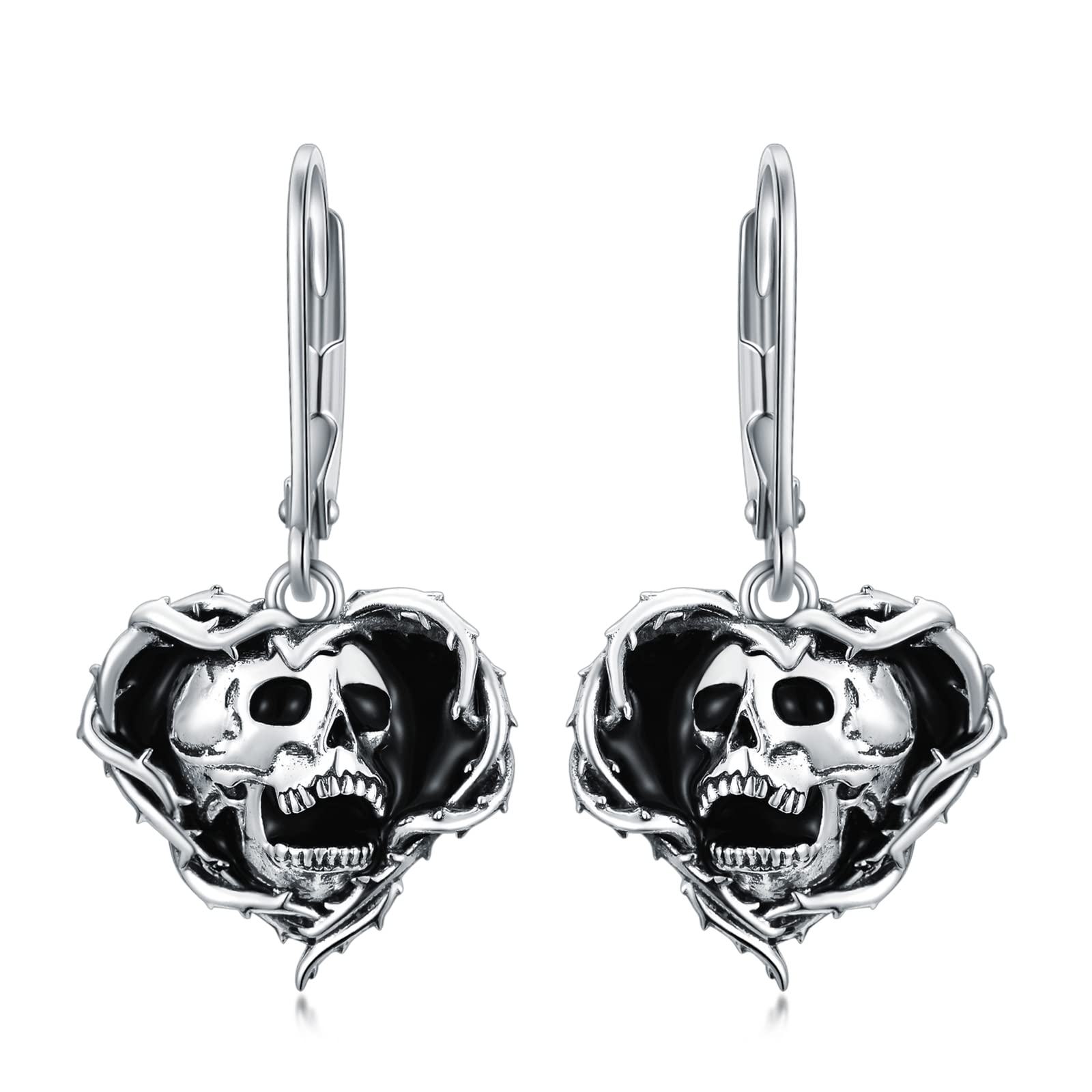 VONALA Skull Earrings 925 Sterling Silver Skeleton Dangle Dangling Drop Charm Leverback Earrings Gothic Punk Jewelry Halloween Gifts for Women Men