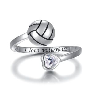 925 Sterling Silver Volleyball Ring Adjustable I Love Volleyball Jewelry Gift for Women Player (style 1)