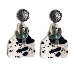 western earrings boho vintage handmade bohemian turquoise cow print leather wood teardrop dangle earrings for women-style 2