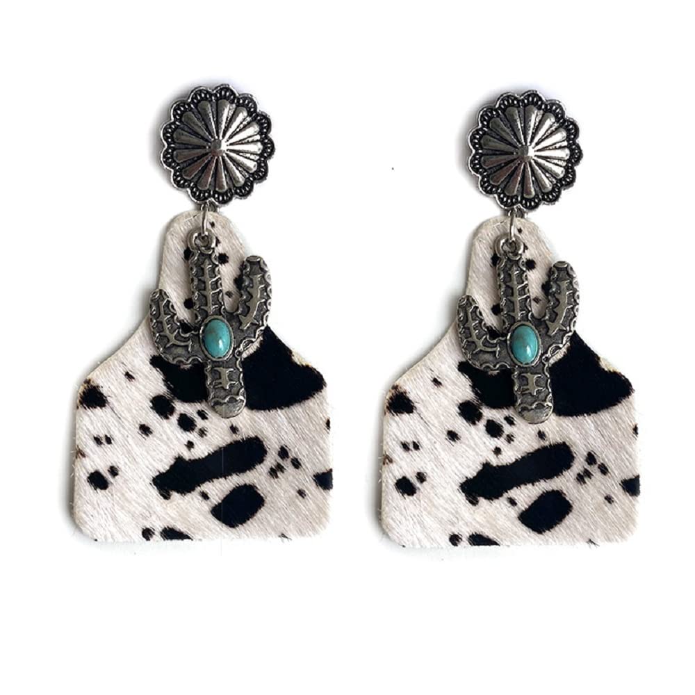 Western Earrings Boho Vintage Handmade Bohemian Turquoise Cow Print Leather Wood Teardrop Dangle Earrings for Women-Style 2