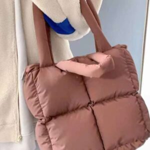 Puffer Tote Bag Women's Glossy Quilted Zipper Closure Puffy Tote Bag Down Padded Shoulder Bag Cute Handbag Aesthetic Handbag (Z-Brown)