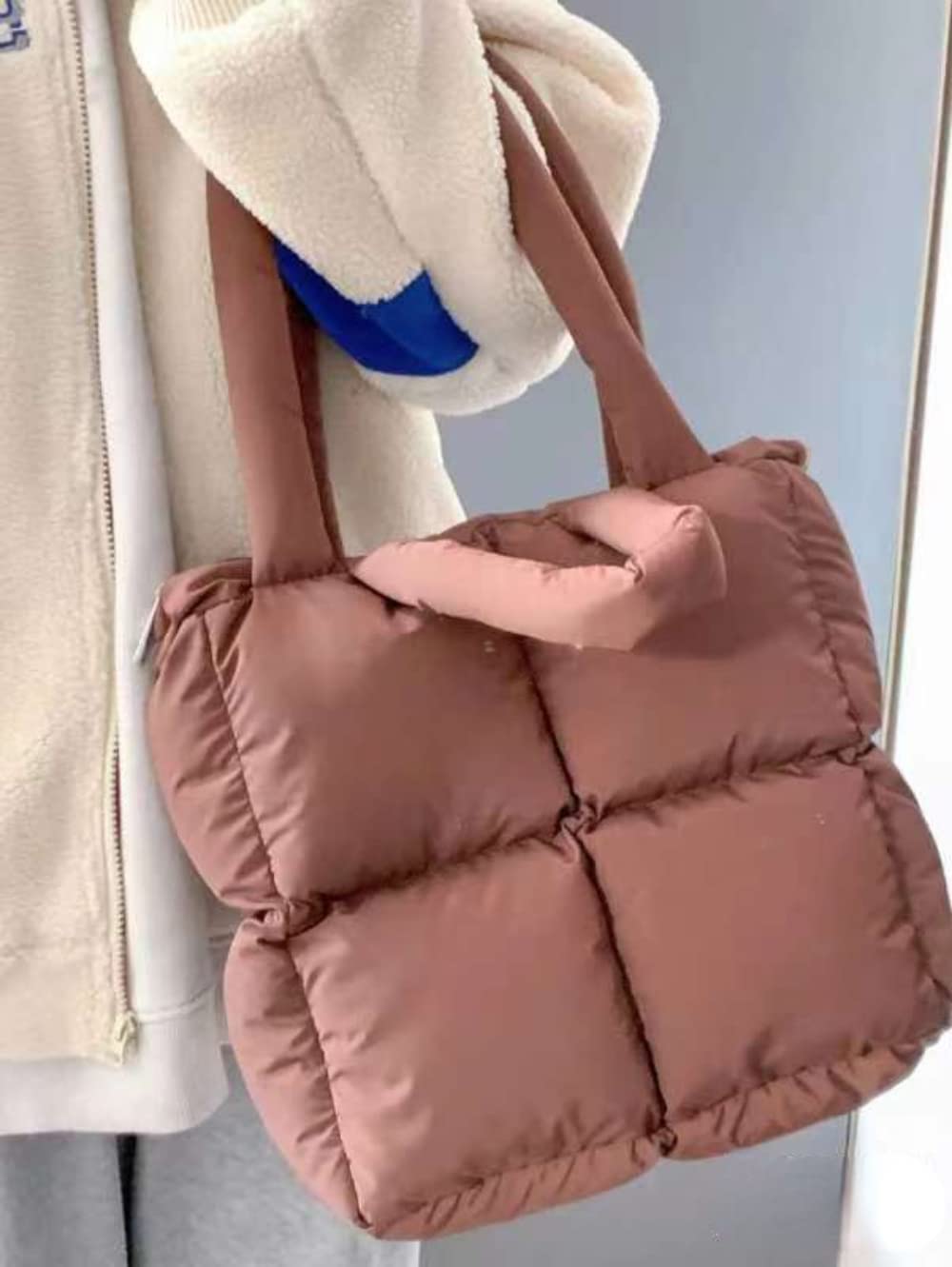 Puffer Tote Bag Women's Glossy Quilted Zipper Closure Puffy Tote Bag Down Padded Shoulder Bag Cute Handbag Aesthetic Handbag (Z-Brown)