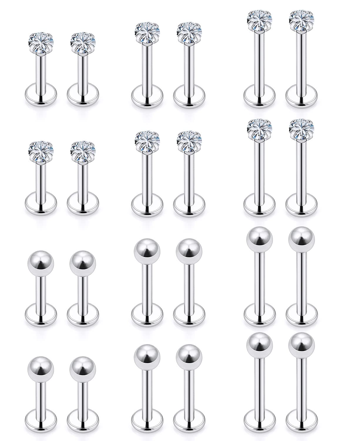 Lcolyoli 24Pcs 16G Labret Jewelry Stainless Steel Medusa Piercing Jewelry Monroe Lip Rings Different Size Tragus Nail Conch Helix Earring Stud Bar Length 6mm 8mm 10mm Silver-tone