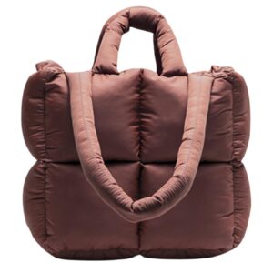 puffer tote bag women's glossy quilted zipper closure puffy tote bag down padded shoulder bag cute handbag aesthetic handbag (z-brown)