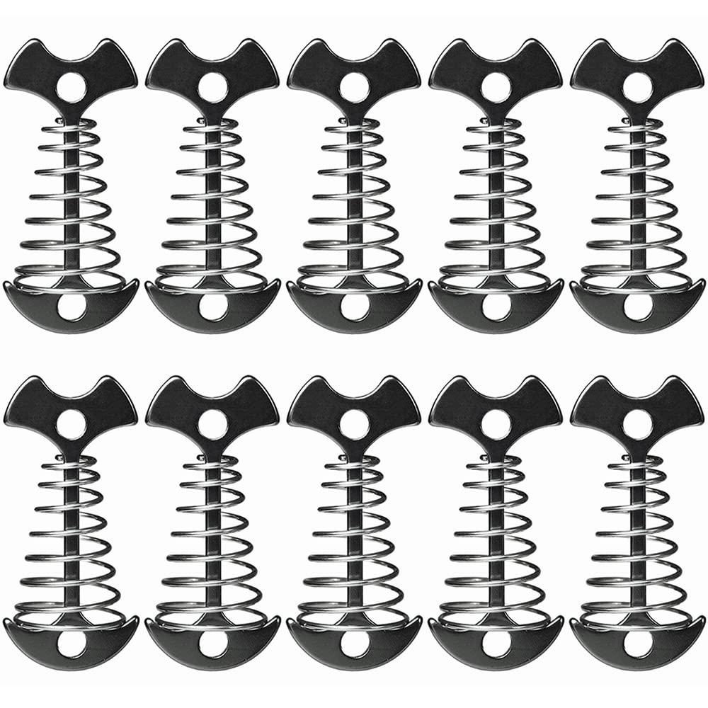 10 pcs Aluminium Alloy 3 inch Fishbone Tent Stakes Deck Anchor Pegs with Spring Rope Buckle Hook Cord Adjuster Tensioner Kit for Camping on Wood Platform