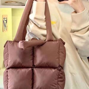 Puffer Tote Bag Women's Glossy Quilted Zipper Closure Puffy Tote Bag Down Padded Shoulder Bag Cute Handbag Aesthetic Handbag (Z-Brown)