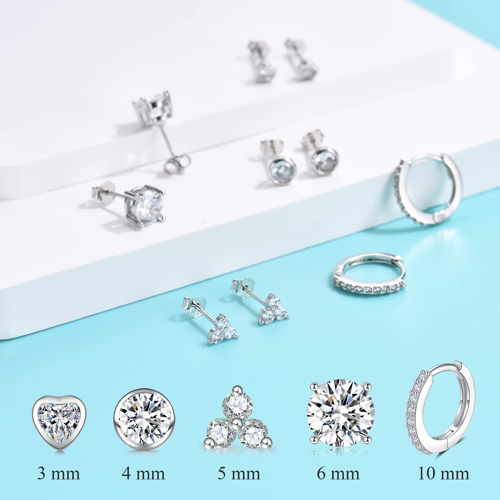 925 Sterling Silver Women's Stud Earrings Set, Hypoallergenic Cubic Zirconia Studs Cartilage Helix Earrings, 5 Pairs Different Sizes Silver Hoop Earring Stud Sets for Multiple Piercing Her Gifts