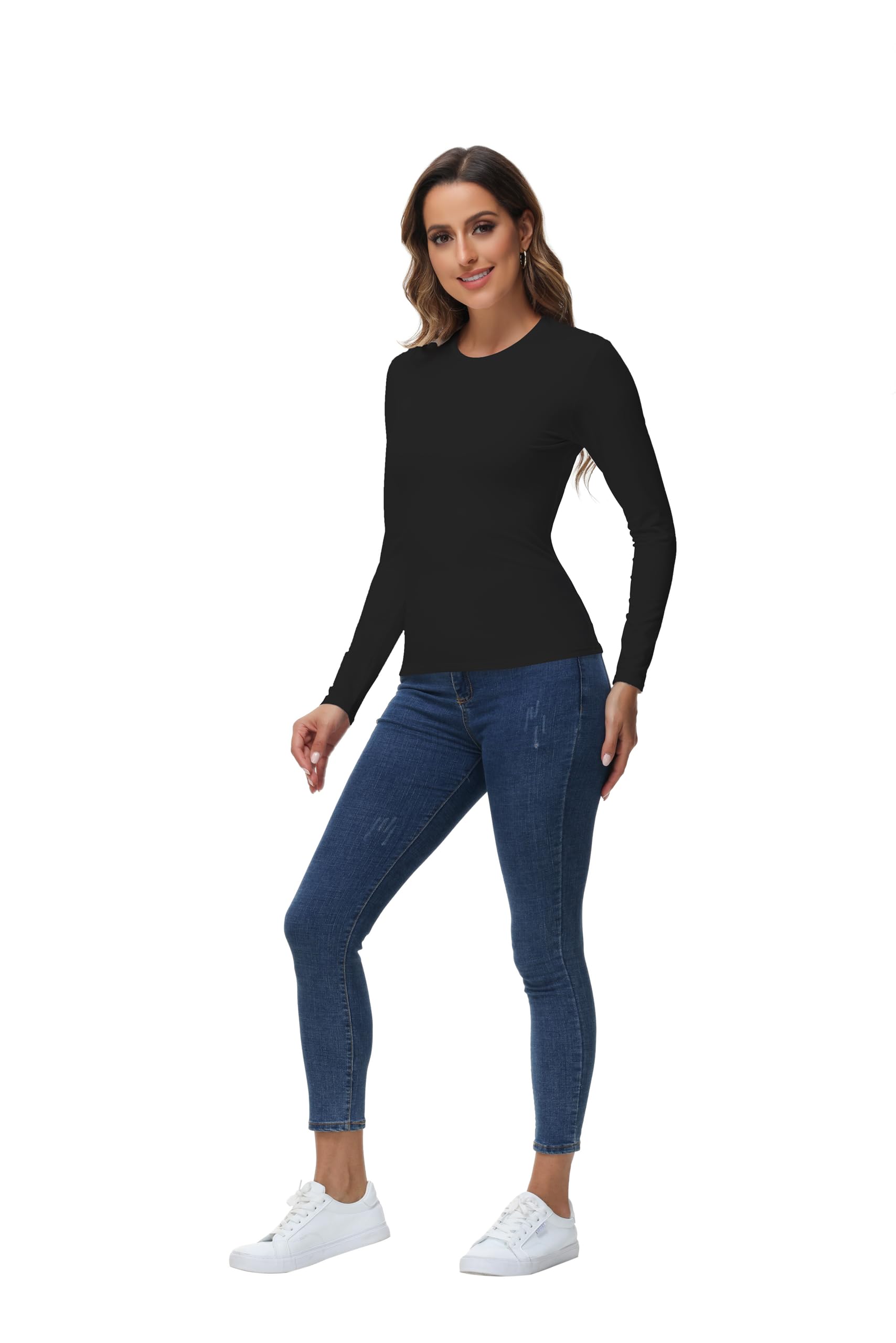 Womens Thermal Tops Long Sleeve Crew Neck Shirts Women's Ultra Warm Underwear for Cold Weather Black-L