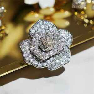 Elegant Camellia Open Statement Rings for Women Girls Dainty Rhinestone CZ Crystal Engagement Promise Rings Wedding Band Wrap Finger Bands Xmas Jewelry Gifts BFF