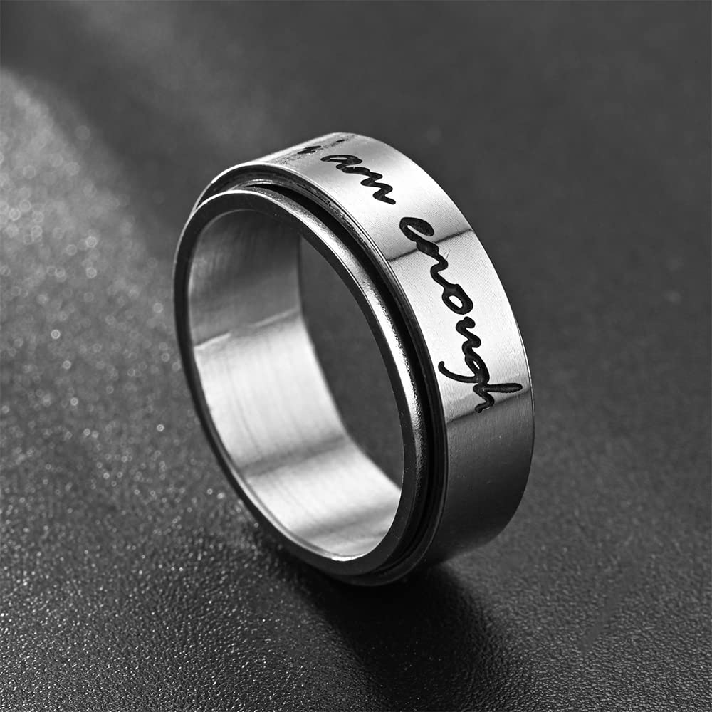 I am Enough Inspirational Message Rings Minimalist Spinner Fidget Ring Rotate Freely Stacking Middle Finger Band Stainless Steel Hypoallergenic Comfort Fit Fashion Encouragement Statement Jewelry for Women Men Birthday Xmas Gifts (9)