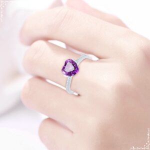 Dsnyu 18K 750 White Gold Promise Rings for Her, Silver Women's Rings Jewelry, Heart Shape 1.68ct Amethyst Ring Natural Fine Jewelry Gifts for Her Size 8