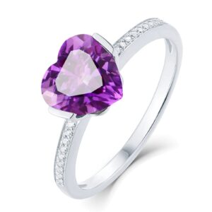 dsnyu 18k 750 white gold promise rings for her, silver women's rings jewelry, heart shape 1.68ct amethyst ring natural fine jewelry gifts for her size 8