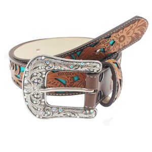 TOPACC Western Belts for Woman Cowgirl Brown Turquoise Cowboy Belt Bling Floral Rodeo Belt for Jeans Gilrs Country Concert Outfit