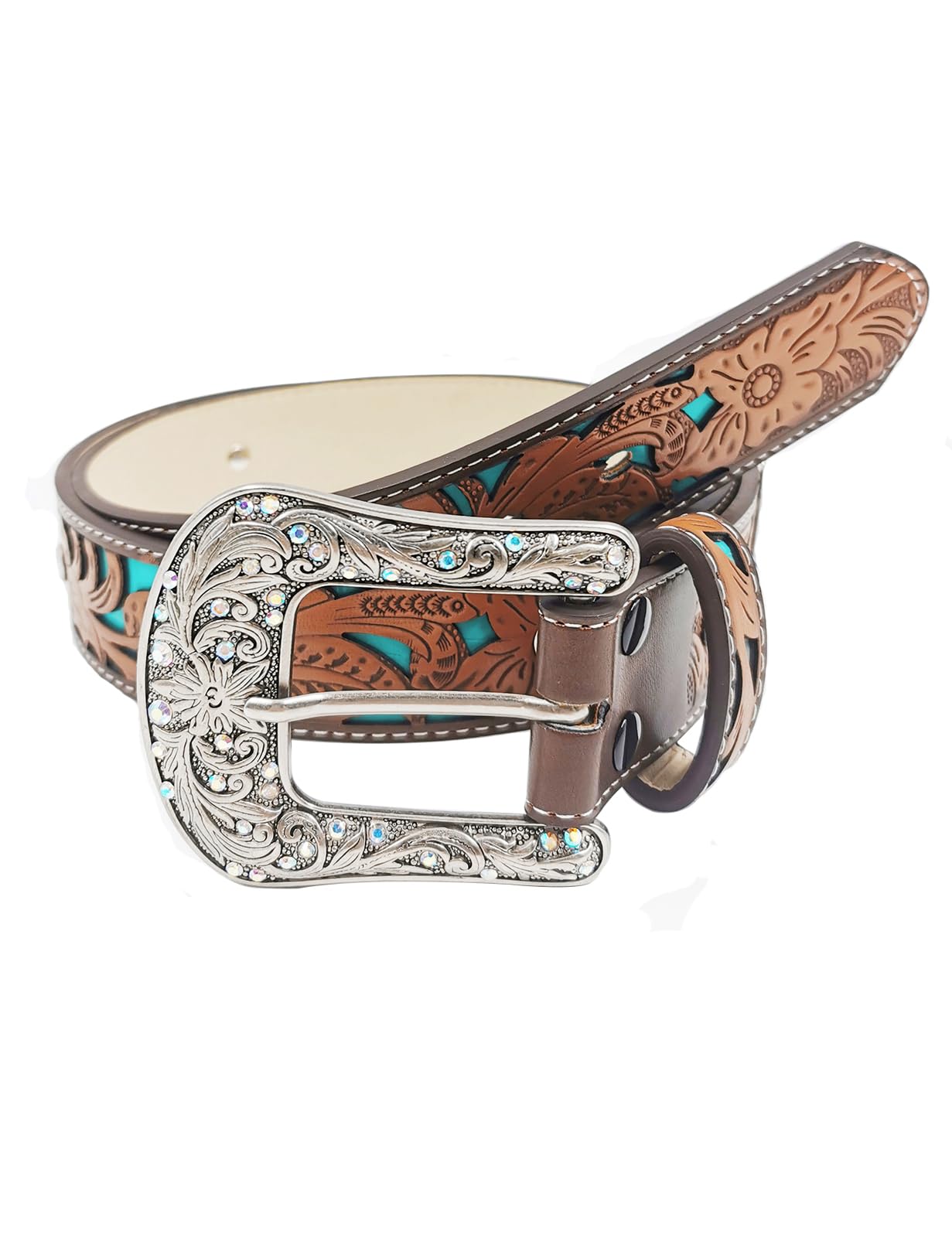 TOPACC Western Belts for Woman Cowgirl Brown Turquoise Cowboy Belt Bling Floral Rodeo Belt for Jeans Gilrs Country Concert Outfit