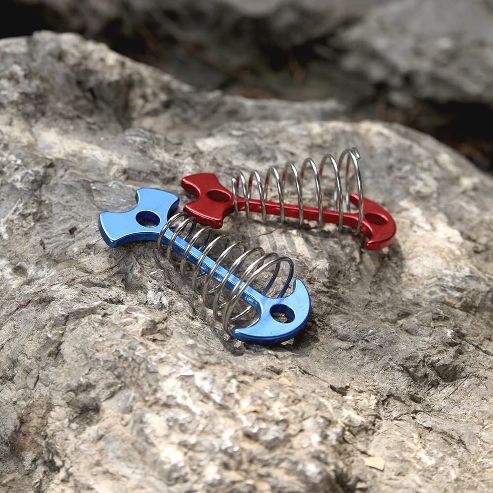 10 pcs Aluminium Alloy 3 inch Fishbone Tent Stakes Deck Anchor Pegs with Spring Rope Buckle Hook Cord Adjuster Tensioner Kit for Camping on Wood Platform