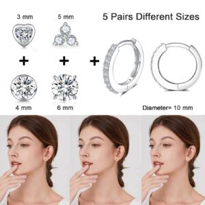 925 Sterling Silver Women's Stud Earrings Set, Hypoallergenic Cubic Zirconia Studs Cartilage Helix Earrings, 5 Pairs Different Sizes Silver Hoop Earring Stud Sets for Multiple Piercing Her Gifts