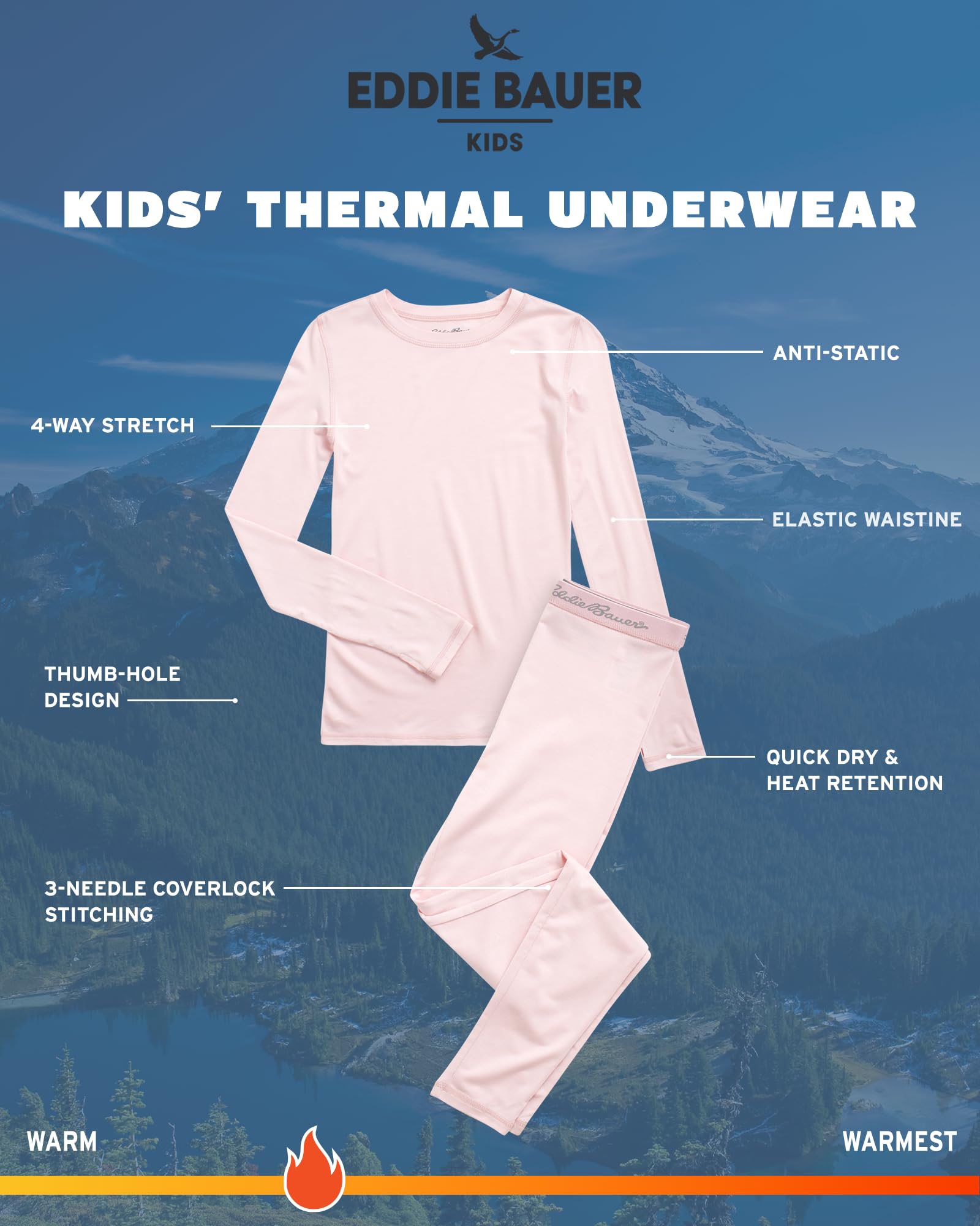 Eddie Bauer Thermal Underwear For Kids - 2 Piece Performance Base Layer Underwear Set For Boys and Girls (5-16), Size 7-8, Soft Pink