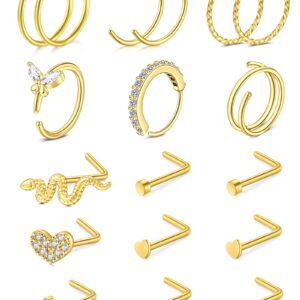 JFORYOU Nose Rings Hoop 20G Nose Rings Studs Surgical Steel L Shape Nose Studs for Women CZ Heart Moon Butterfly Snake Gold Tone Nose Piercings Jewelry