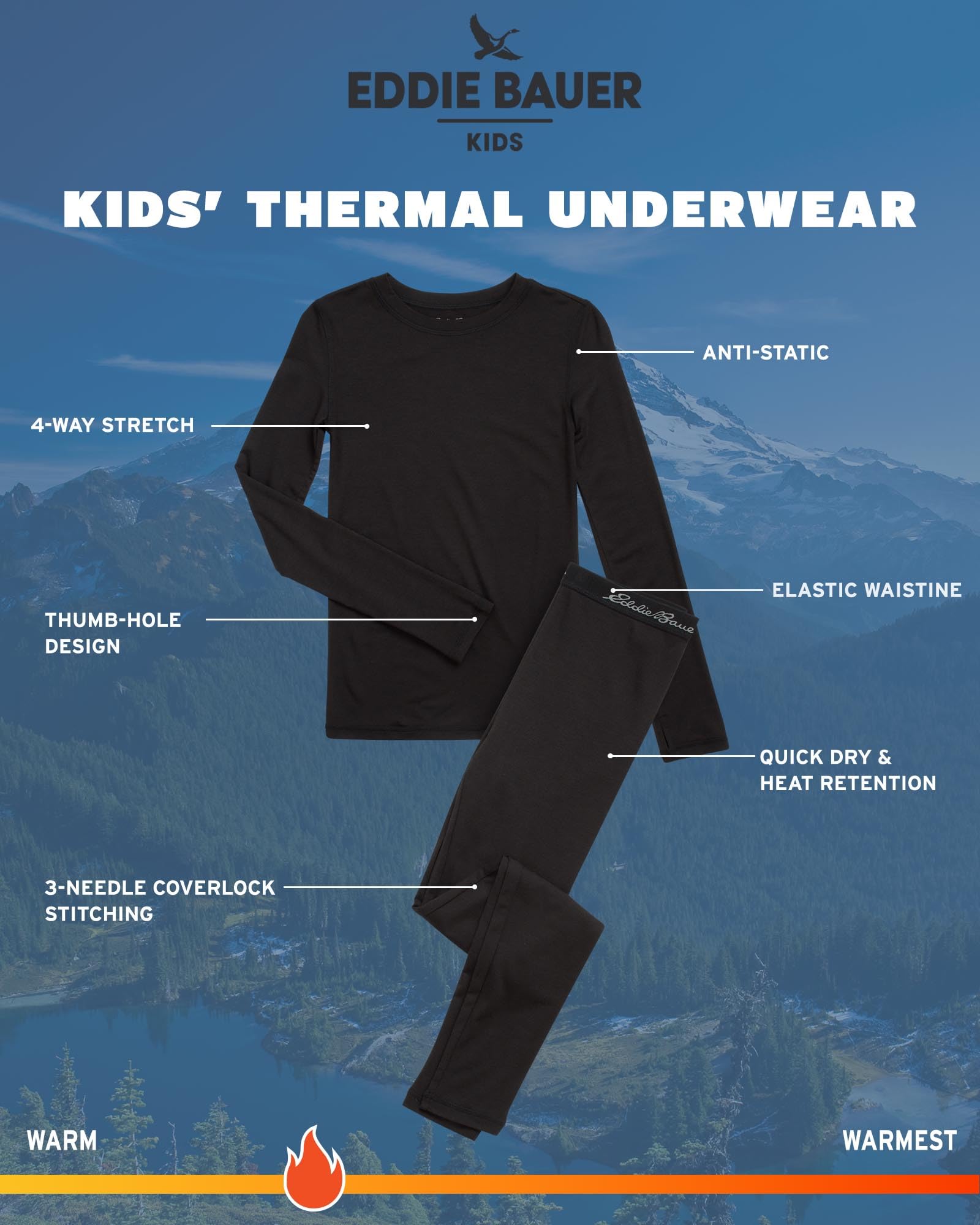 Eddie Bauer Thermal Underwear For Kids - 2 Piece Performance Base Layer Underwear Set For Boys and Girls (5-16), Size 10-12, Black