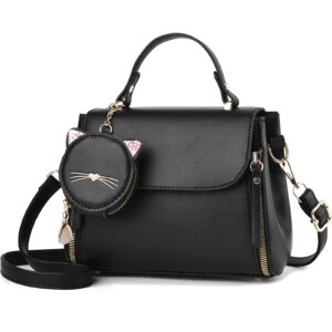 I IHAYNER Fashion Purse and Handbags for Girls Leather Top Handle Satchel Ladies Small Crossbody Shoulder Bag for Women with Kitty Purse Black