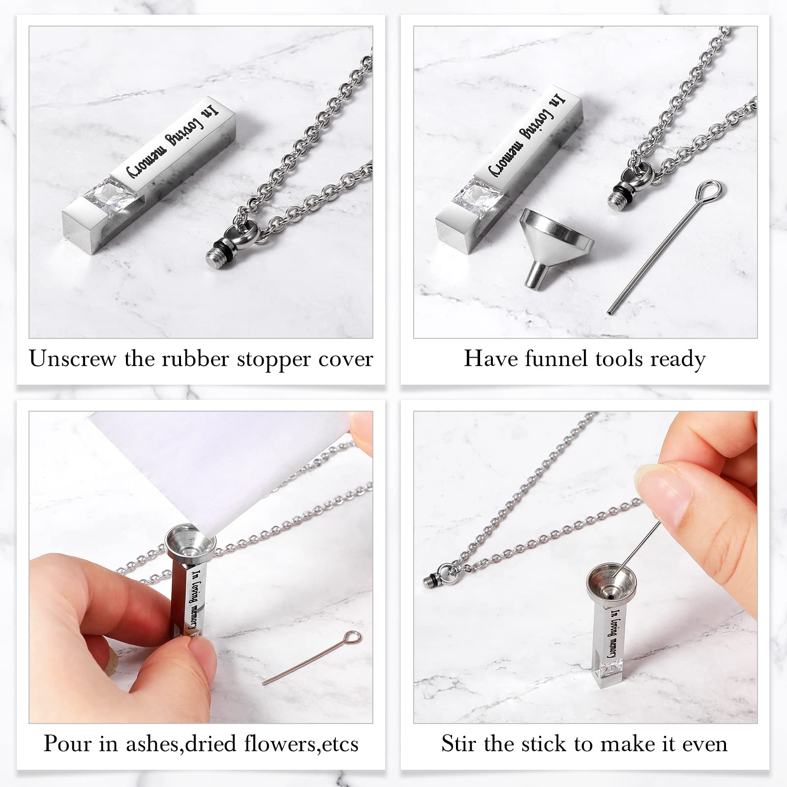 8 Pcs Memorial Urn Necklace Cremation Jewelry for Ashes for Men Women Human Ashes Keepsake Stainless Steel Cremation Pendant Bar Locket with Cubic Zirconia (Silver, Black, Rose Gold, Gold)