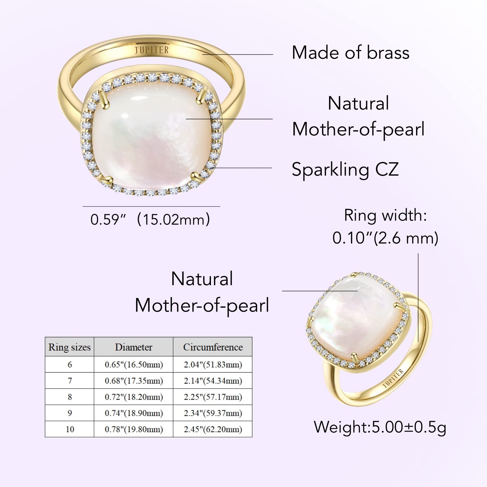 Jupiter Natural Mother-of-pearl Women's Ring - 14k Gold Plated Genuine Gemstone Women Ring, 0.47"/12mm Natural Birthstone Rings Jewelry (Natural Mother of Pearl, 7)