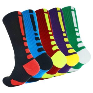 ywslrc 5 pairs mens athletic crew socks elite basketball sport cushioned long compression sock,6.5-11.5 (black blue green purple red)