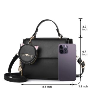 I IHAYNER Fashion Purse and Handbags for Girls Leather Top Handle Satchel Ladies Small Crossbody Shoulder Bag for Women with Kitty Purse Black