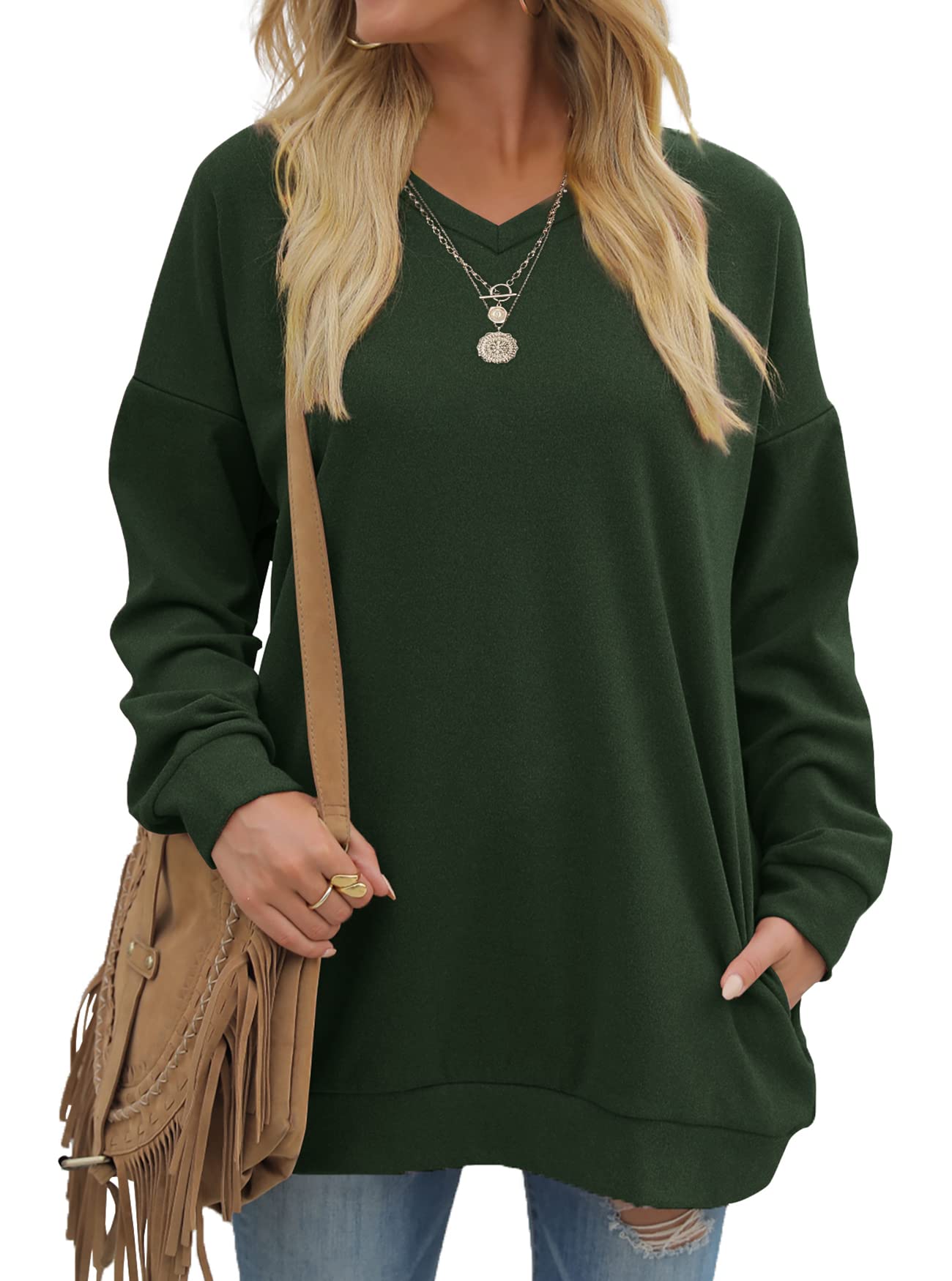 OFEEFAN Sweatshirts for Women Plus Size Long Sleeve Thermal Green Tunic Tops 3XL