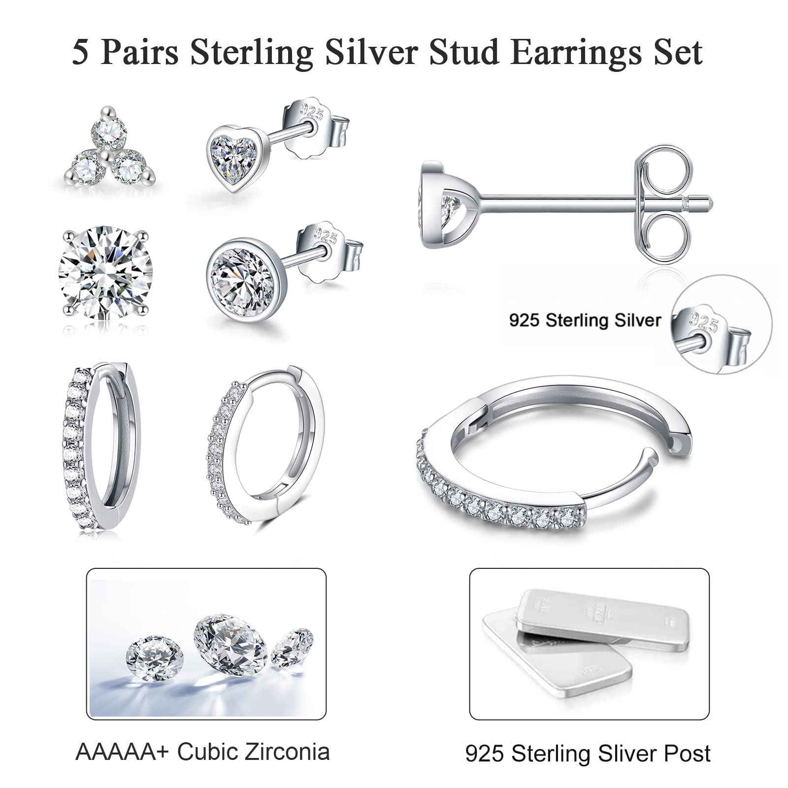 925 Sterling Silver Women's Stud Earrings Set, Hypoallergenic Cubic Zirconia Studs Cartilage Helix Earrings, 5 Pairs Different Sizes Silver Hoop Earring Stud Sets for Multiple Piercing Her Gifts