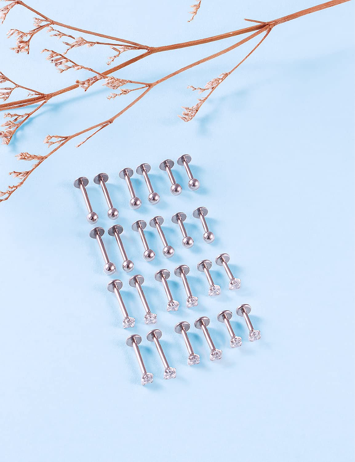 Lcolyoli 24Pcs 16G Labret Jewelry Stainless Steel Medusa Piercing Jewelry Monroe Lip Rings Different Size Tragus Nail Conch Helix Earring Stud Bar Length 6mm 8mm 10mm Silver-tone