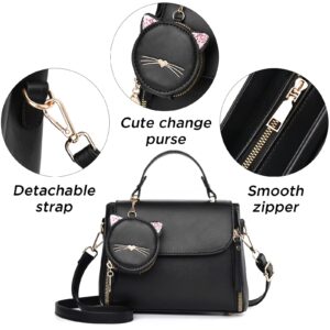 I IHAYNER Fashion Purse and Handbags for Girls Leather Top Handle Satchel Ladies Small Crossbody Shoulder Bag for Women with Kitty Purse Black