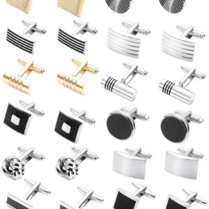 SONNYX 12 Pairs Cufflinks for Men Classic Tone Cuff Links Silver Black Striped Disc Square Rectangle Cuff Links Shirt Suit Men’s Cufflinks For Wedding Groom Business