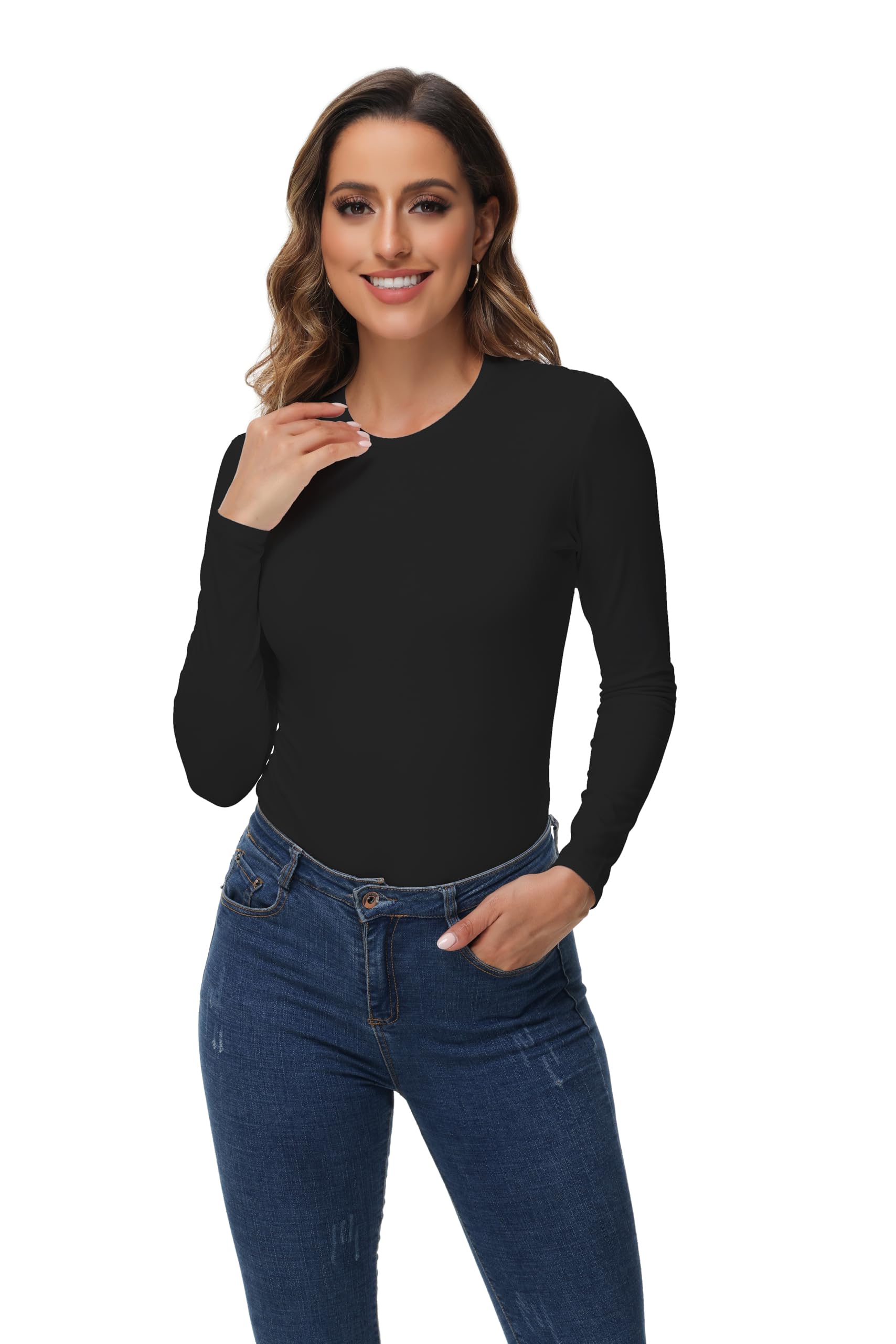 Womens Thermal Tops Long Sleeve Crew Neck Shirts Women's Ultra Warm Underwear for Cold Weather Black-L