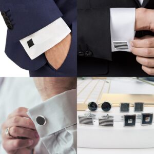 SONNYX 12 Pairs Cufflinks for Men Classic Tone Cuff Links Silver Black Striped Disc Square Rectangle Cuff Links Shirt Suit Men’s Cufflinks For Wedding Groom Business